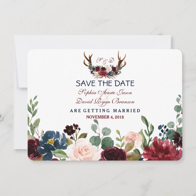 Save The Date Chic Merlot Navy Blue Floral Antlers Enregistrer L (Devant)