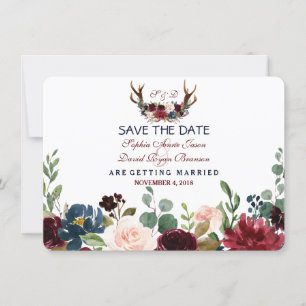 Save The Date Chic Merlot Navy Blue Floral Antlers Enregistrer L