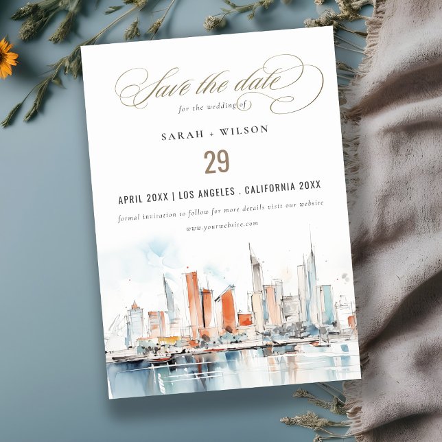 Save The Date Chic Miami Floride Skyline Mariage d'aquarelle (Créateur téléchargé)