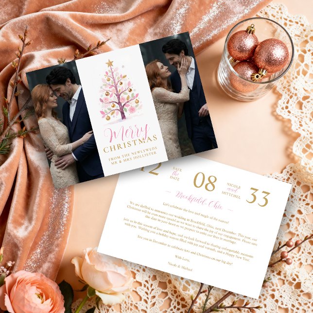 Save The Date Chic Modern Wedding Pink Christmas Tree 2-Photos (Chic Modern Wedding Pink Christmas Tree 2-Photos in Faux Gold Holiday Cards Save the Date Cards. )