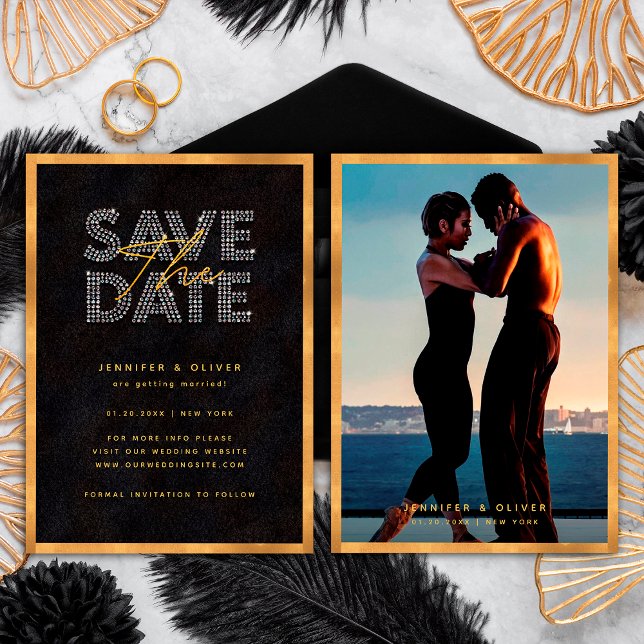 Save The Date Chic Moderne Noir et Or Luxueux Photo Mariage (Front / Back)