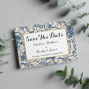 Save The Date Chic moderne Vintage ivoire Marine bleu motif flor