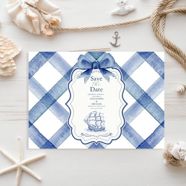 Save The Date Chic Nautique Marine Mariage Bleu Bow (Créateur téléchargé)