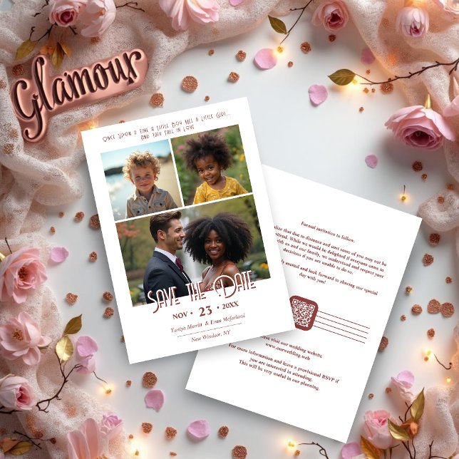 Save The Date Chic Once Upon a Time 3-Photo Then & Now Wedding (Chic Once Upon a Time Then and Now Wedding Save the Date with Back QR Code. )