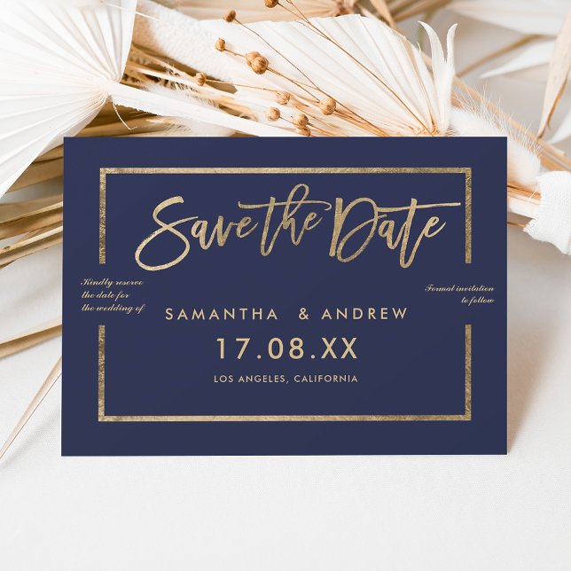 Save The Date Chic or cadre script marine bleu enregistrer la da (Chic gold frame script navy blue save the date)