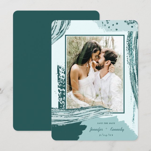 Save The Date Chic Peacock Abstrait Peinture Brush Strokes Photo (Devant / Derrière)