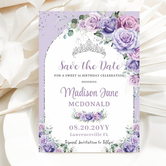 Save The Date Chic Purple Lilac Floral Sweet 16 Argent Anniversa (Créateur téléchargé)