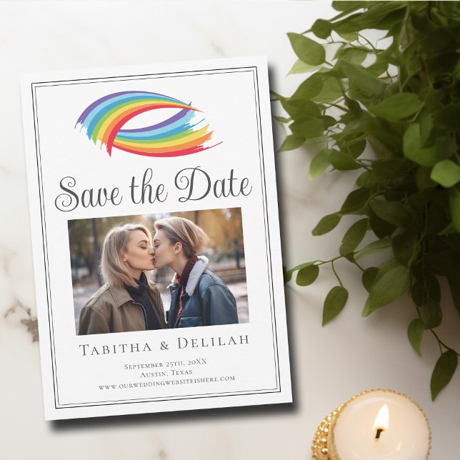 Save The Date Chic Rainbow Wave LGBT Couple Photo (Créateur téléchargé)