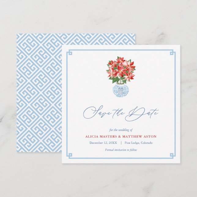 Save The Date Chic Red Poinsettia Chinoiserie Mariage de Noël (Devant / Derrière)