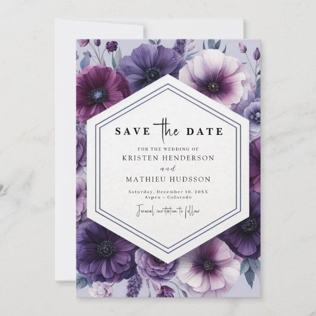 Save The Date Chic Romantique violet Mariage floral (Devant)