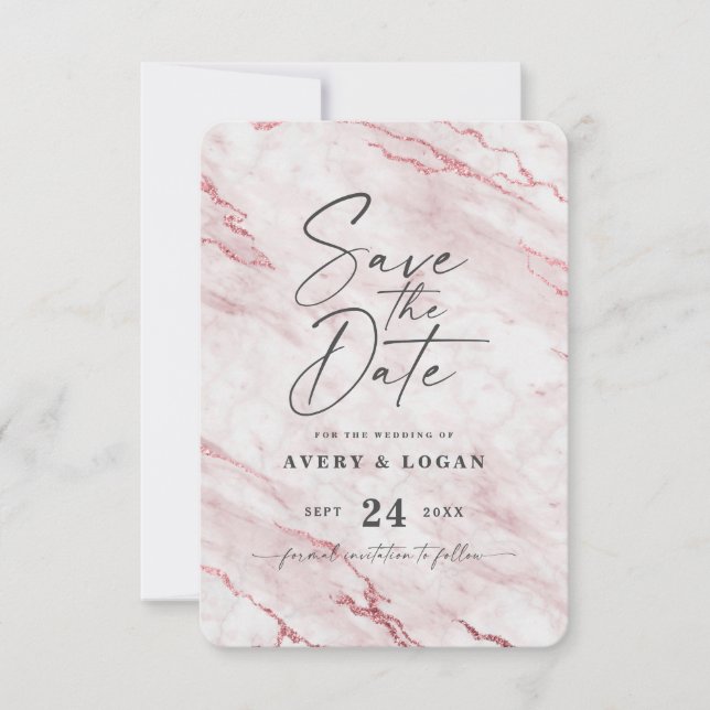 Save The Date Chic Rosa Blush Marble and Candy Pink Foil Détails (Devant)