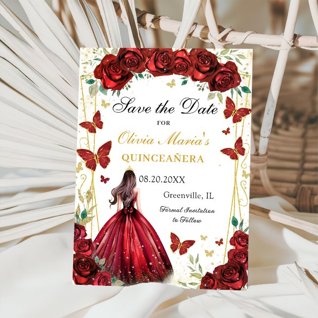 Save The Date Chic Rose rouge Floral Quinceanera Princesse (Créateur téléchargé)