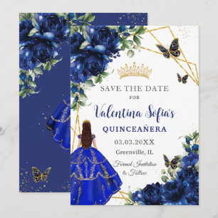 Save The Date Chic Royal Blue Flowers Princess Gold Quinceañera