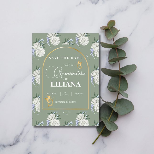 Save The Date Chic Sage Green Arch Papillons Quinceañera (Créateur téléchargé)