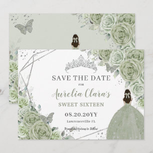 Save The Date Chic Sage Green Floral Quinceanera Sweet sixteen