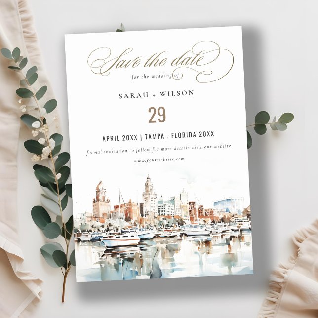 Save The Date Chic Tampa Floride Skyline Mariage d'aquarelle (Créateur téléchargé)