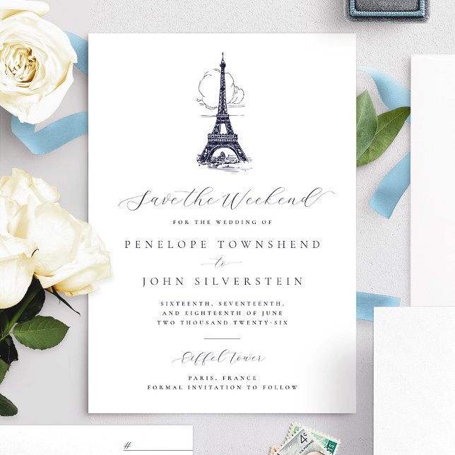 Save The Date Chic Tour Eiffel Paris Sauvegarder le week-end Mar (French Eiffel Tower vintage illustration Save the Weekend card)