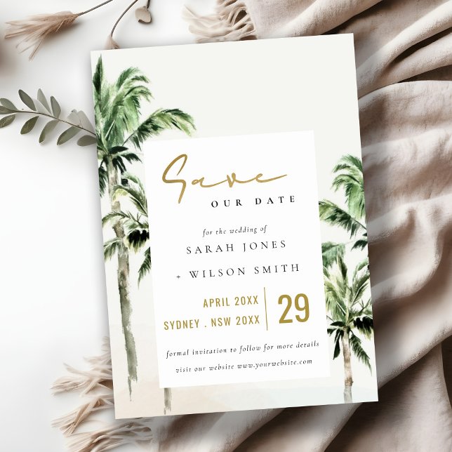 Save The Date Chic Tropical Beach Palm Trees Mariage aquarelle (Créateur téléchargé)