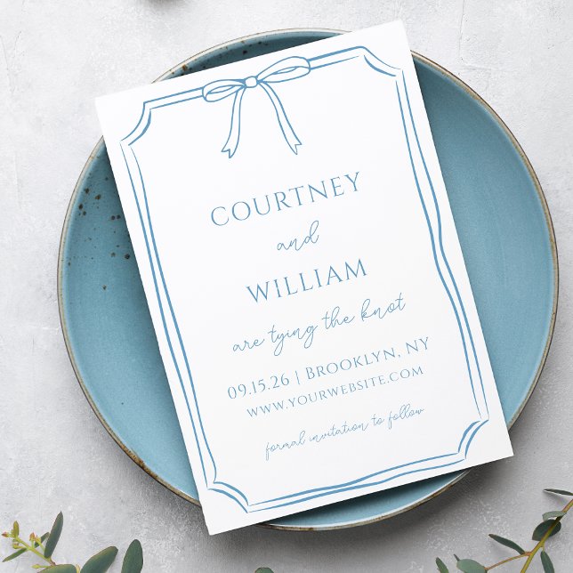 Save The Date Chic "Tying the Knot" Bow tiré à la main Dusty Blu (Invite your guests with this soft blue wedding invitation—perfect for timeless and serene weddings.)