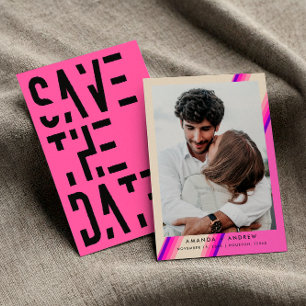 Save The Date Chic Typographie Rétro Années 70 Rose Chaud Rayure