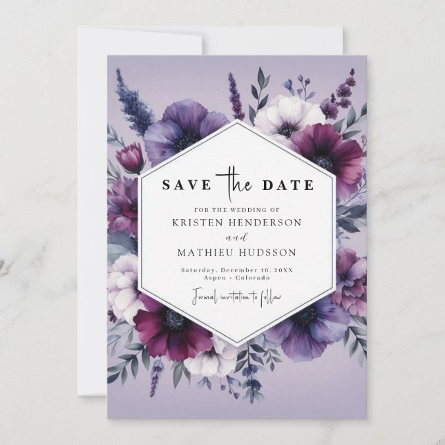 Save The Date Chic unique violet Mariage floral (Devant)