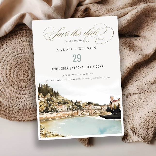 Save The Date Chic Vérone Adige Rivière Italie Aquarelle italien (Créateur téléchargé)
