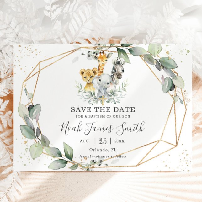 Save The Date Chic Vert Jungle Animaux Baptême Christening (Créateur téléchargé)
