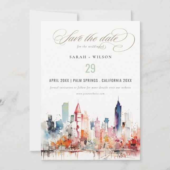 Save The Date Chicago Illinois Watercolor Landscape Wedding (Devant)
