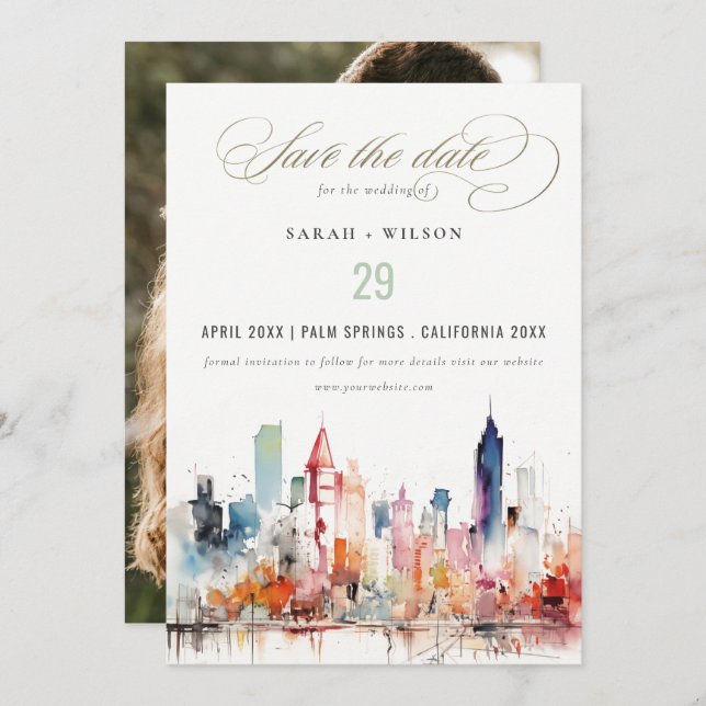 Save The Date Chicago Illinois Watercolor Scape Photo Wedding (Devant / Derrière)