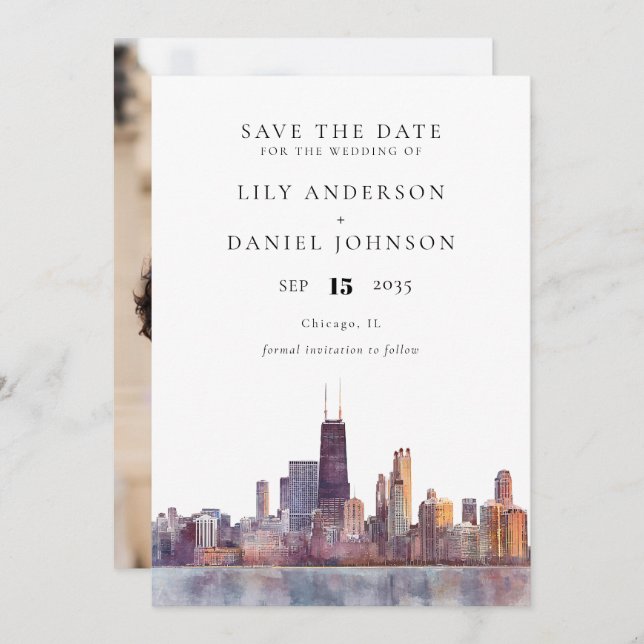 Save The Date Chicago Skyline Watercolor Photo Wedding (Devant / Derrière)