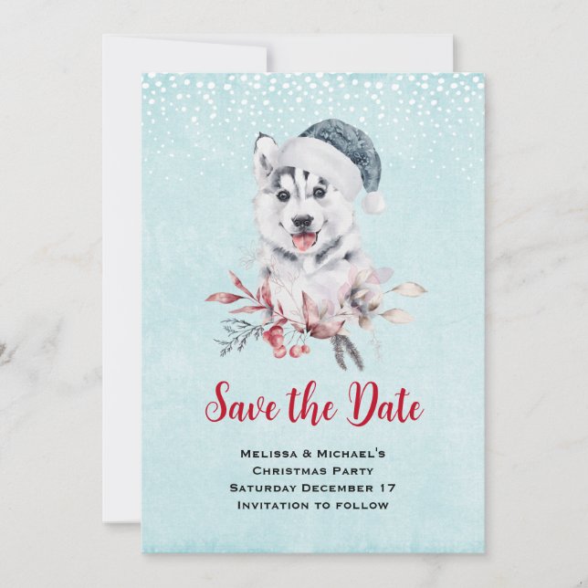 Save The Date Chien de Noël Husky dans un chapeau de Père Noël (Devant)