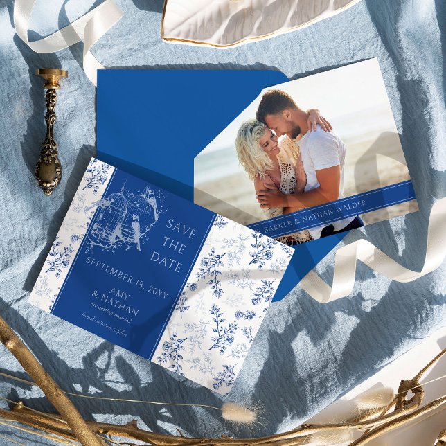 Save The Date Chinoiserie Blue Romantic Elegance Mariage photo (Blue Floral Photo Save the Date from the Chinoiserie Wedding Collection by Darling & May)