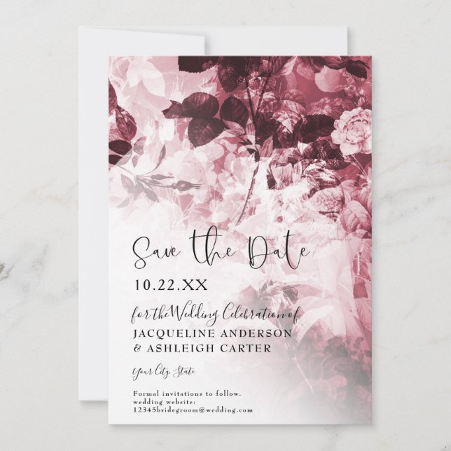 Save The Date Chinoiserie Bourgogne en blanc Floral Script Photo (Devant)