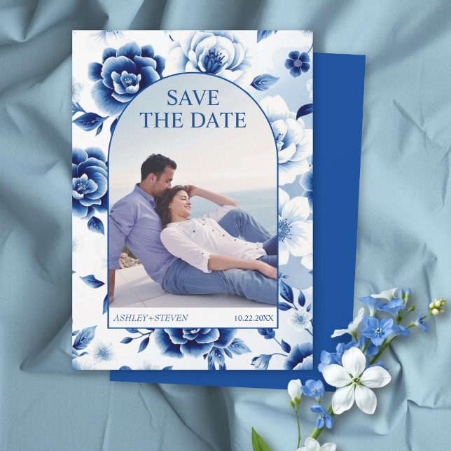 Save The Date Chinoiserie florale bleue, photo de lavage à l'aqu (Créateur téléchargé)