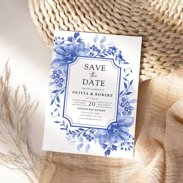 Save The Date Chinoiserie Florale de Porcelaine Bleue (Créateur téléchargé)