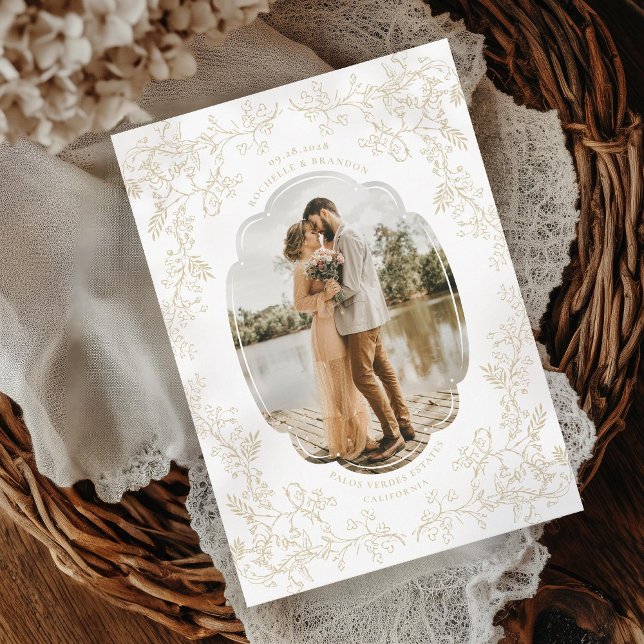 Save The Date Chinoiserie romantique Photo d'or française (Créateur téléchargé)