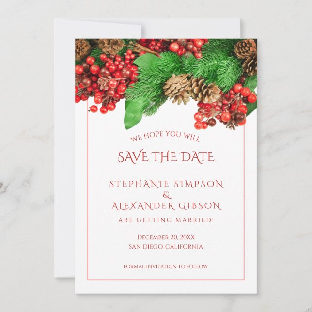 Save The Date Christmas Greenery Red Berries Mariage de vacances (Devant)