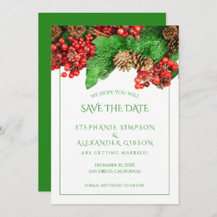 Save The Date Christmas Greenery Red Berries Mariage de vacances