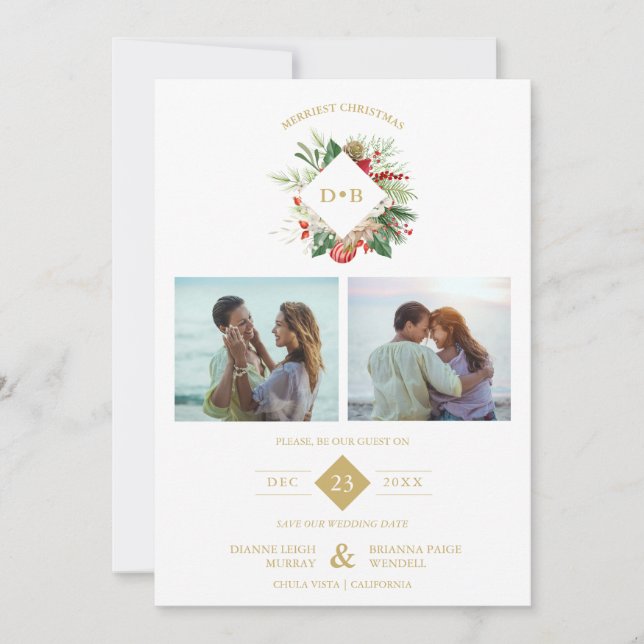 Save The Date Christmas Initials Floral 2 Photos Collage Fancy (Devant)