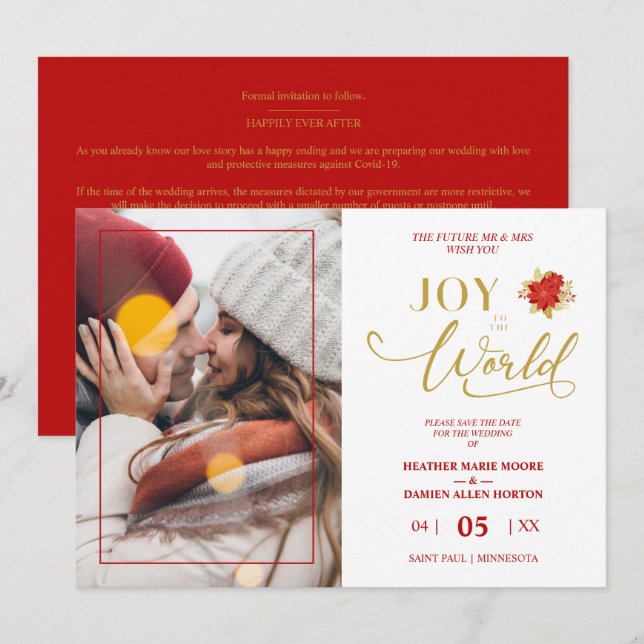 Save The Date Christmas Poinsettias Wreath Photo Wedding Couple (Devant / Derrière)