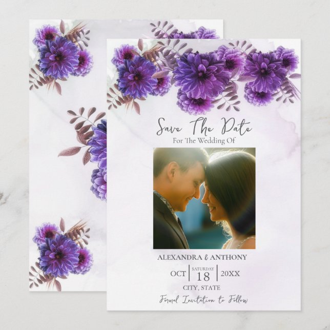 Save The Date Chrysanthème aquarelle pourpre (Devant / Derrière)