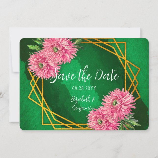 Save The Date Chrysanthèmes roses mariage géométrique or (Devant)