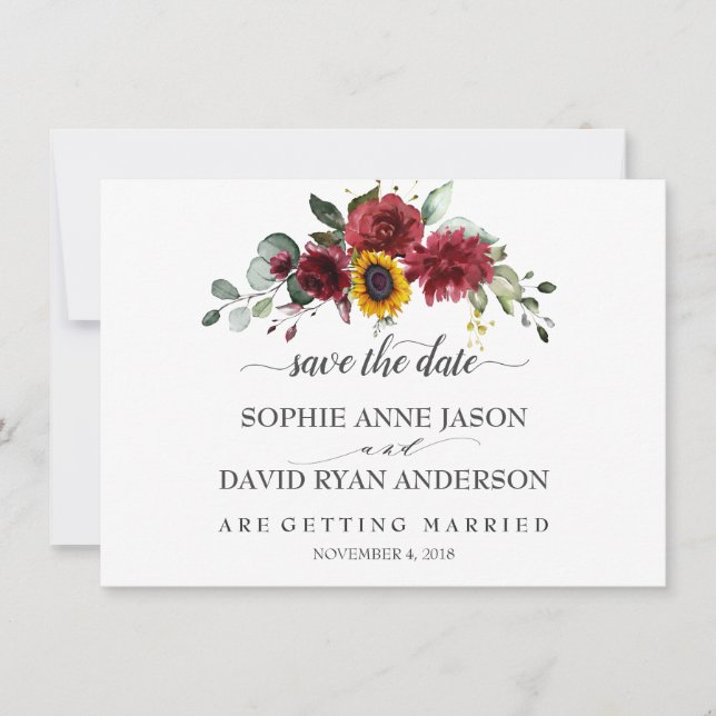 Save The Date Chute Burgundy Tournesols Mariage Calligraphie (Devant)