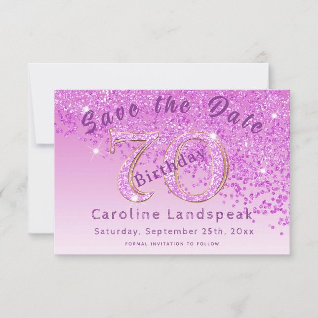 Save The Date Chute de Parties scintillant rose pour 70e anniver (Devant)