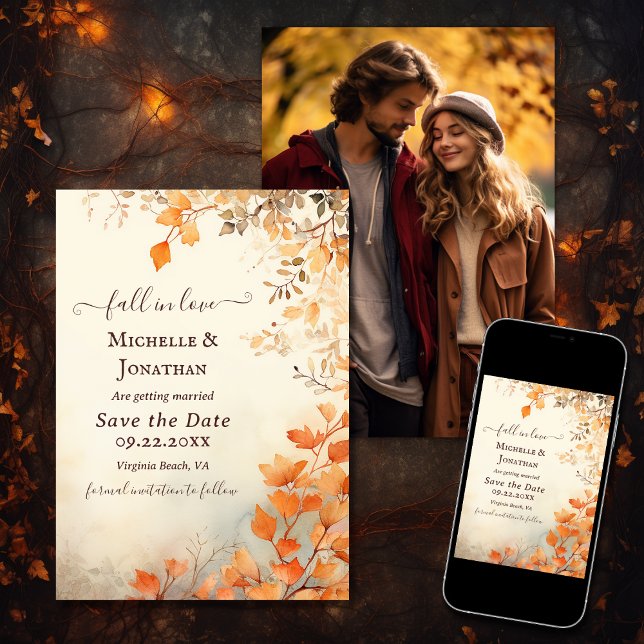 Save The Date Chute en amour Belle automne Feuilles Mariage Phot (Printed and Digital - Fall in Love Beautiful Autumn Leaves Wedding Photo Save The Date)