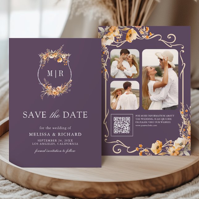 Save The Date Chute Fleur sauvage Crest QR Code Dusty Purple Mar (Créateur téléchargé)