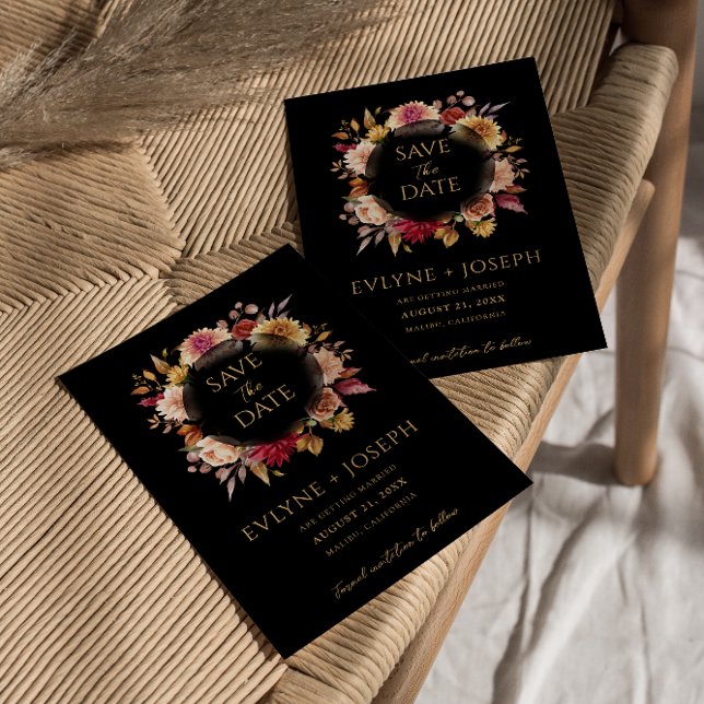 Save The Date Chute noire Floral moderne Boho foncé Mariage (Créateur téléchargé)