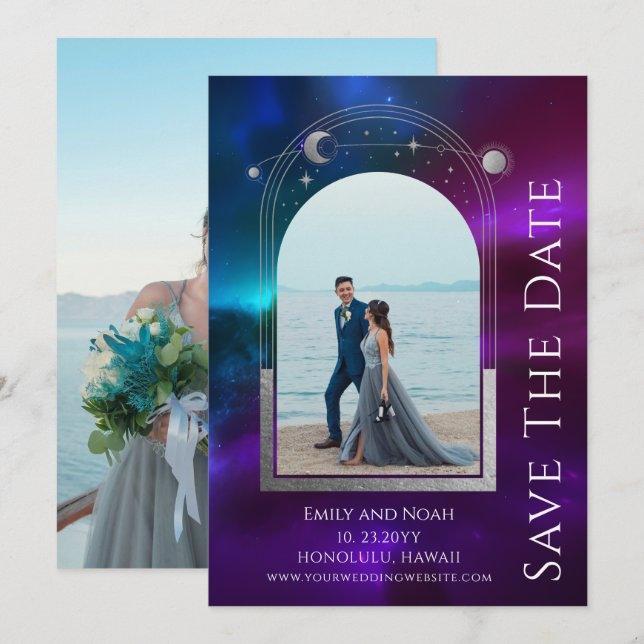 Save The Date Ciel Violet Turquoise Soleil Lune (Devant / Derrière)