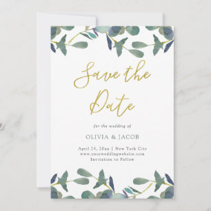 Save The Date Cimier d'Eucalyptus   Feuilles verts et or Faux