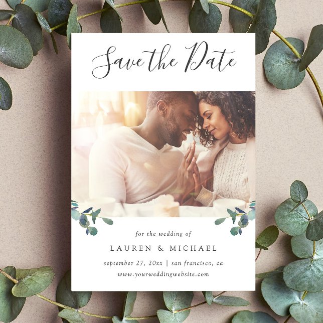 Save The Date Cimier d'Eucalyptus | Photo aquarelle (An elegant photo save the date card with eucalyptus accents)